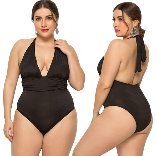 Women's Strappy V-Neck Solid Color Swimsuit, women plus size swimwear