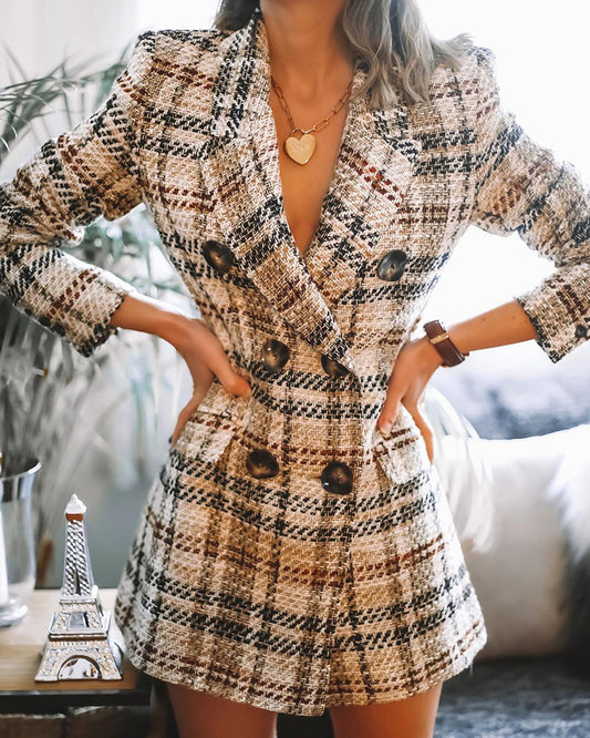 Women's Double Button Fashion Printed Plaid Wool Coat