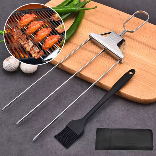 Semi-Automatic Tipped Skewer Stick, Three-Headed Kebab Barbecue Fork