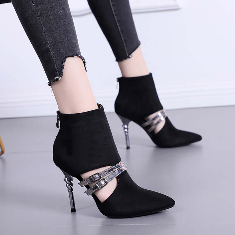 women's pointed toe high-heeled boots with metal details