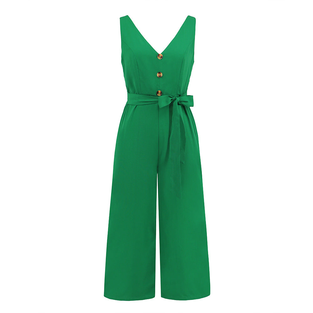 Women's Sleeveless Buttoned V Neck Jumpsuit