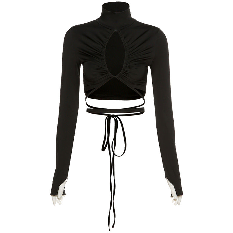 women's long sleeve crop t-shirt with waist tie