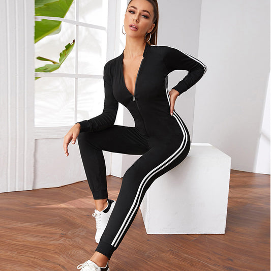 Women's Zipper Running Jumpsuit - Long Sleeve Sports Fitness Jumpsuit