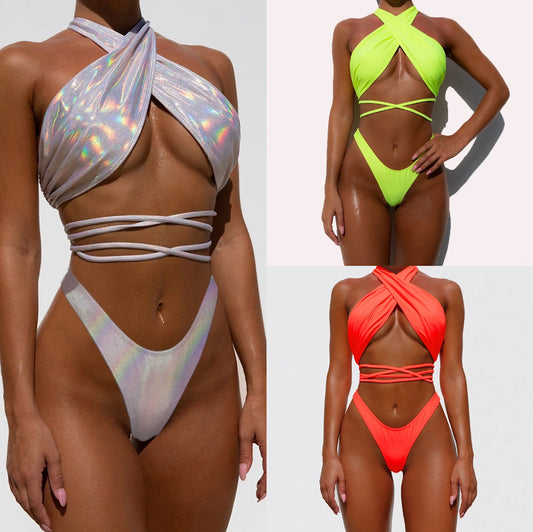 Women's Cross Tie Bikini Set, String Detail Bikini, High Waist Bikini