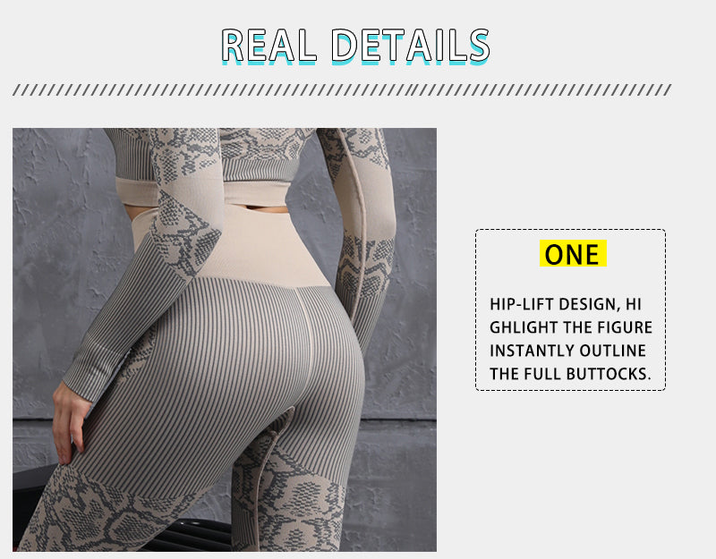 Women's Seamless Snake Printed Yoga Set - Long Sleeve Crop Top & Pants