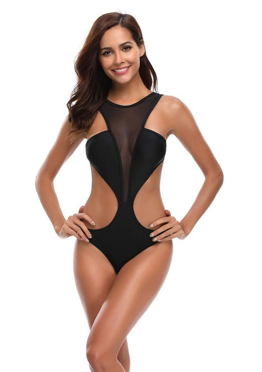 Women's High Waist Mesh Swimsuit, Women's Backless One Piece Swimsuit