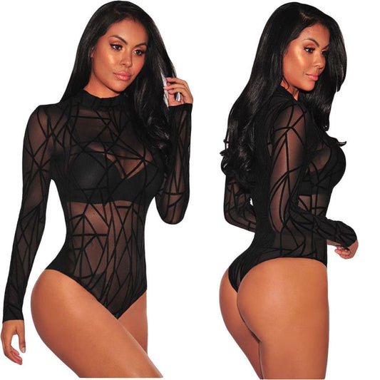 High Collar Long Sleeve Geometric Stretch One-piece Pajamas