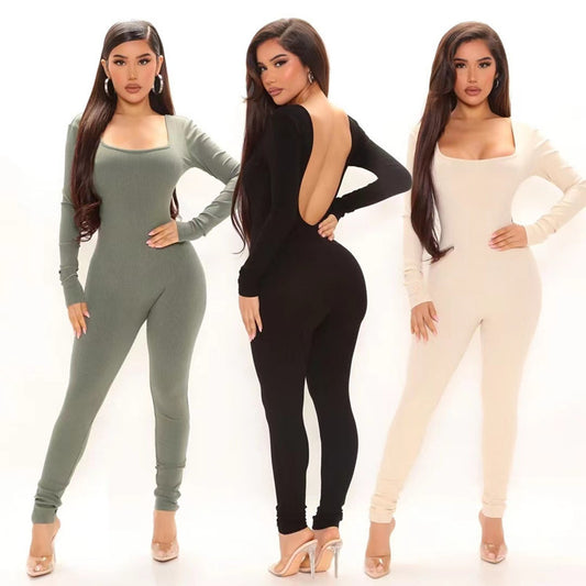 Women's sexy square neck open back fit jumpsuit