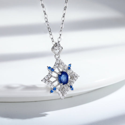 S925 sterling silver necklace with natural sapphire and hollow diamond design