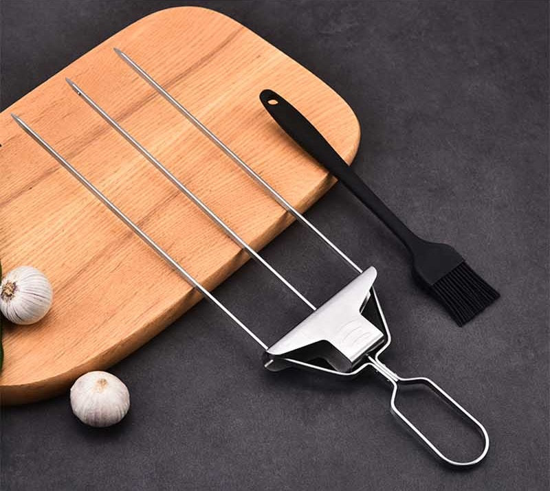 Semi-Automatic Tipped Skewer Stick, Three-Headed Kebab Barbecue Fork