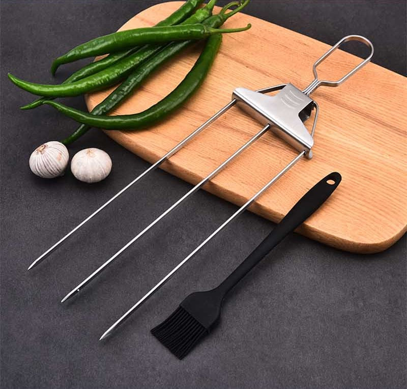 Semi-Automatic Tipped Skewer Stick, Three-Headed Kebab Barbecue Fork