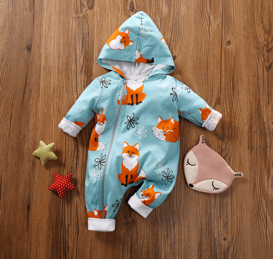 baby unisex long sleeve hooded jumpsuit - Fox print baby jumpsuit