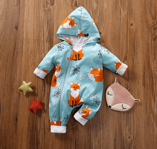 baby unisex long sleeve hooded jumpsuit - Fox print baby jumpsuit