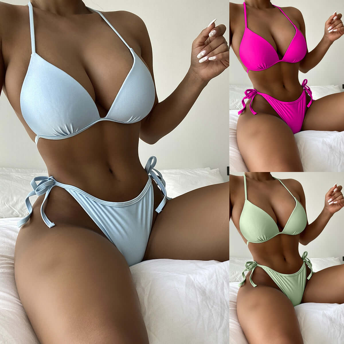 Bikini Solid Color Swimsuit European And American Strappy Swimsuit Ladies Gather