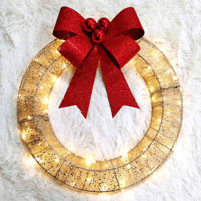 Elegant Gold and Green Christmas Wreath - 20-Inch Holiday Decoration with LED Lights