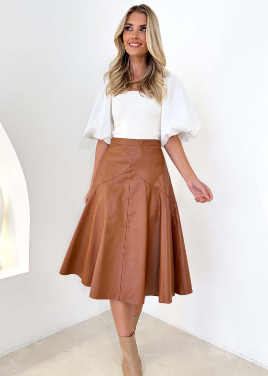 Women's High Waist Mid Length Leather Skirt