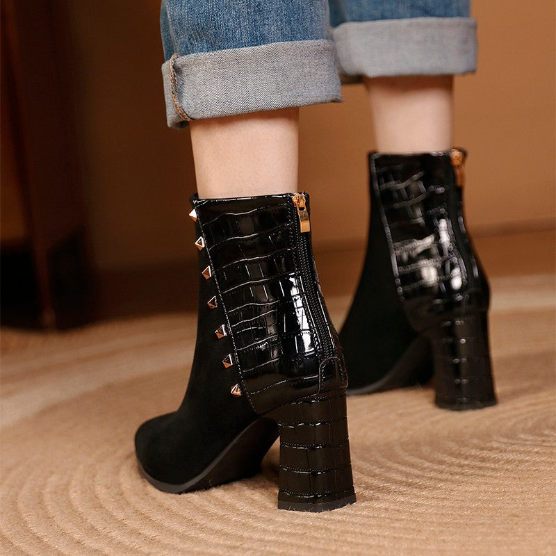 Women's Pointed Toe High Heeled Ankle Boots with Metal Back and Studded Details