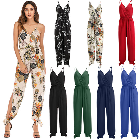 Women's floral print jumpsuit & Lace-up One Piece Jumpsuit