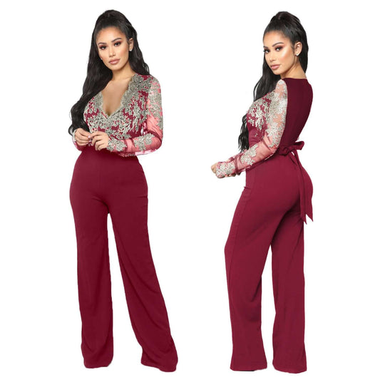 women's lace V-neck long sleeve wide leg jumpsuit