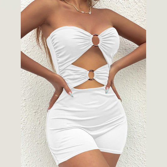 Women's Ring Link Cut Strapless Sleeveless Tube mini Jumpsuit