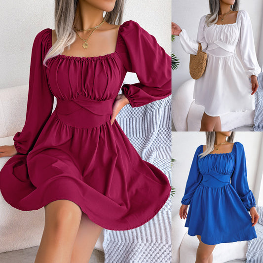 Spring and Summer Solid Color Square Neck Big Swing Dress