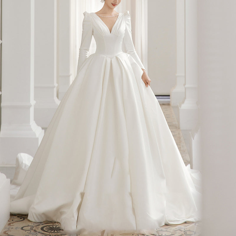 Satin V-neck pearl embellished wedding dress