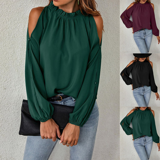 women's Long Sleeve Ruffle Neck Pleated Pure Color Elegant Cold Shoulder shirt