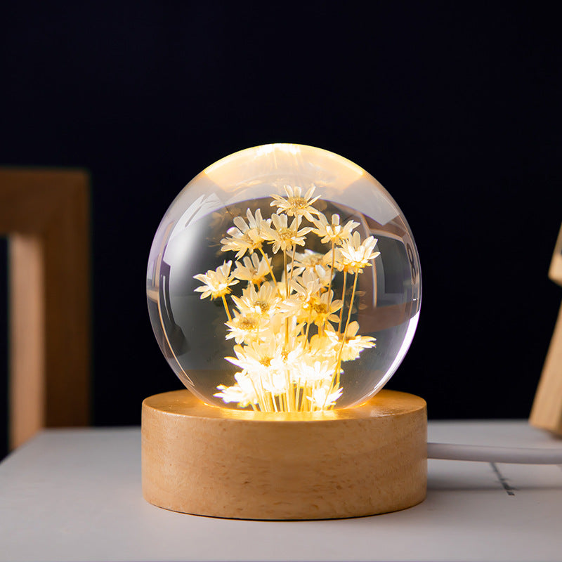 3D Dandelion Flowers Crystal Ball Lamp with Beech Wooden Base & Elegant Night Light