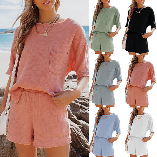 Women's Summer Casual Cotton Linen T-shirt & Elastic Shorts Set