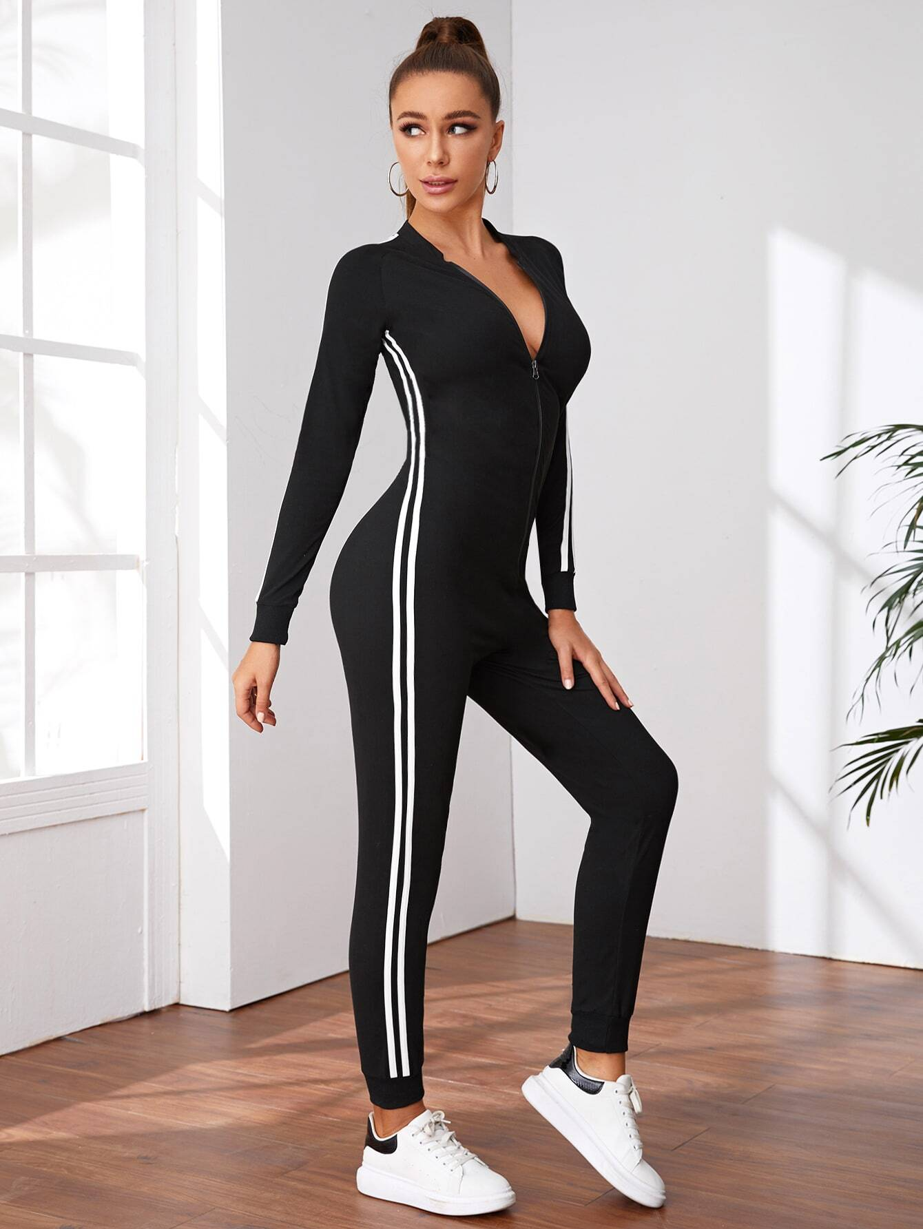 Women's Zipper Running Jumpsuit - Long Sleeve Sports Fitness Jumpsuit