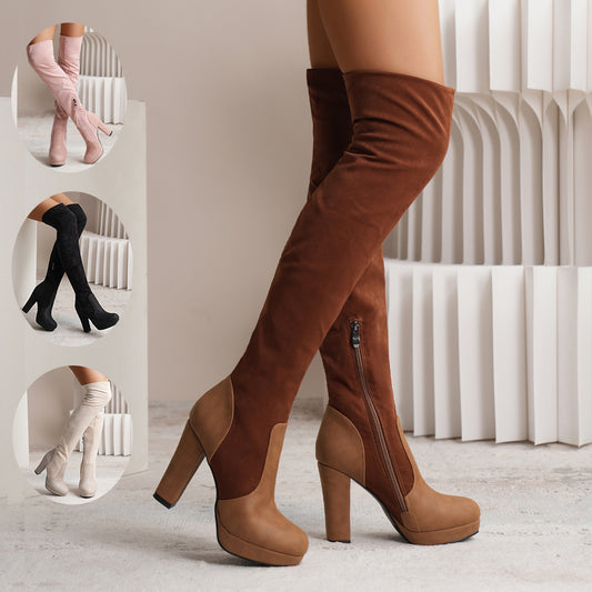 Women's Over The Knee Elastic Suede Square Heeled Boots