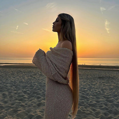 Women's Off Shoulder Glitter Knit Long Dress, Women's Sheer Party Dress