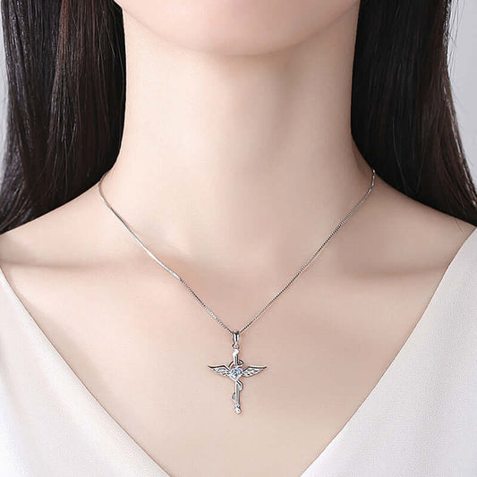 925 Sterling silver Snake necklace with angel wings cross