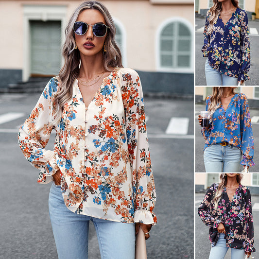 Women's Floral Patterned V Neck Long Sleeve Shirt