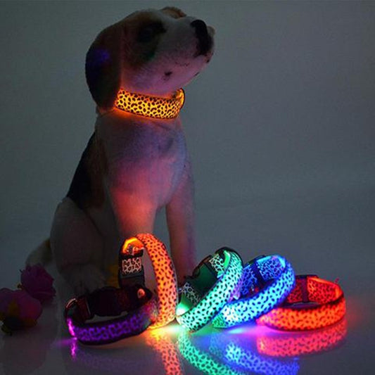 LED Safety Dog Collar - Adjustable Nylon Leopard Print Pet Collar