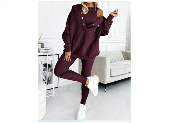 Women's Solid Color Vest Hoodie And Pants Set