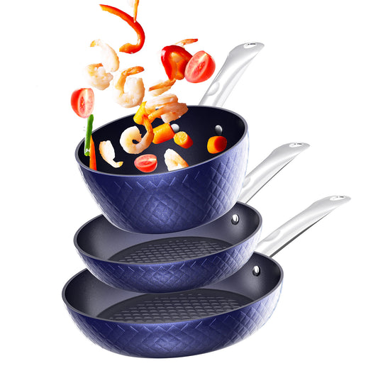 Non-stick 3-Piece Blue 3D Diamond Frying Pan Set, Non-stick Pan Set