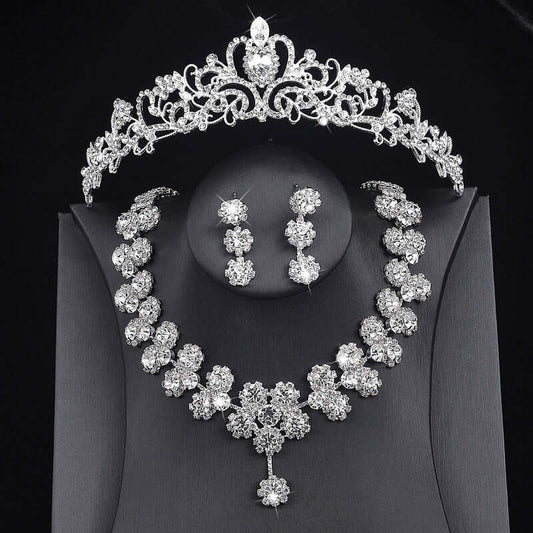 Three-piece bridal wedding set with a necklace, earrings, and crown