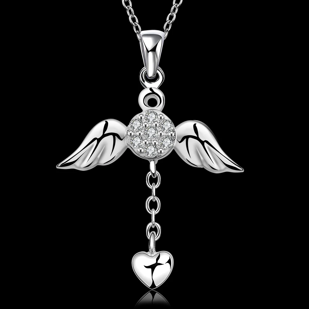 Silver Plated Zircon Angel Wings Heart Necklace