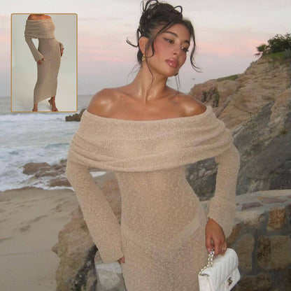 Women's Off Shoulder Glitter Knit Long Dress, Women's Sheer Party Dress