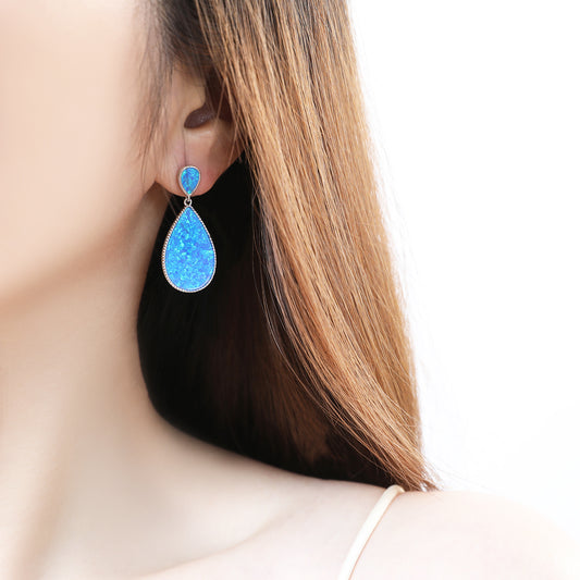 Silver Drop blue Opal Stone Dangle Blue Earrings