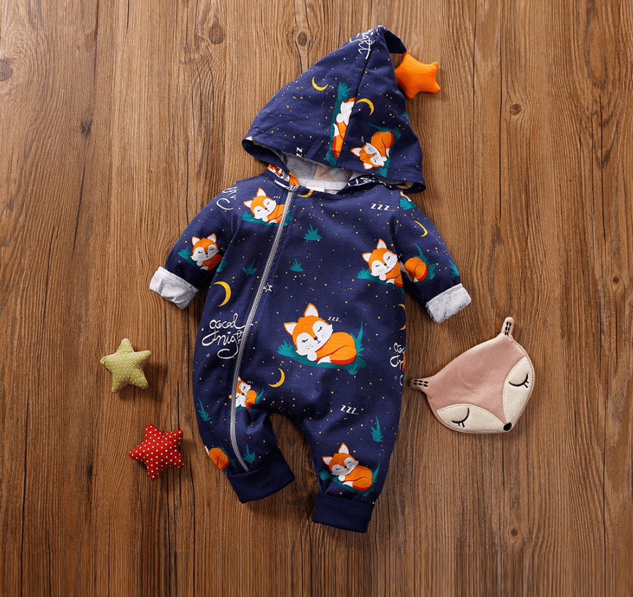 baby unisex long sleeve hooded jumpsuit - Fox print baby jumpsuit