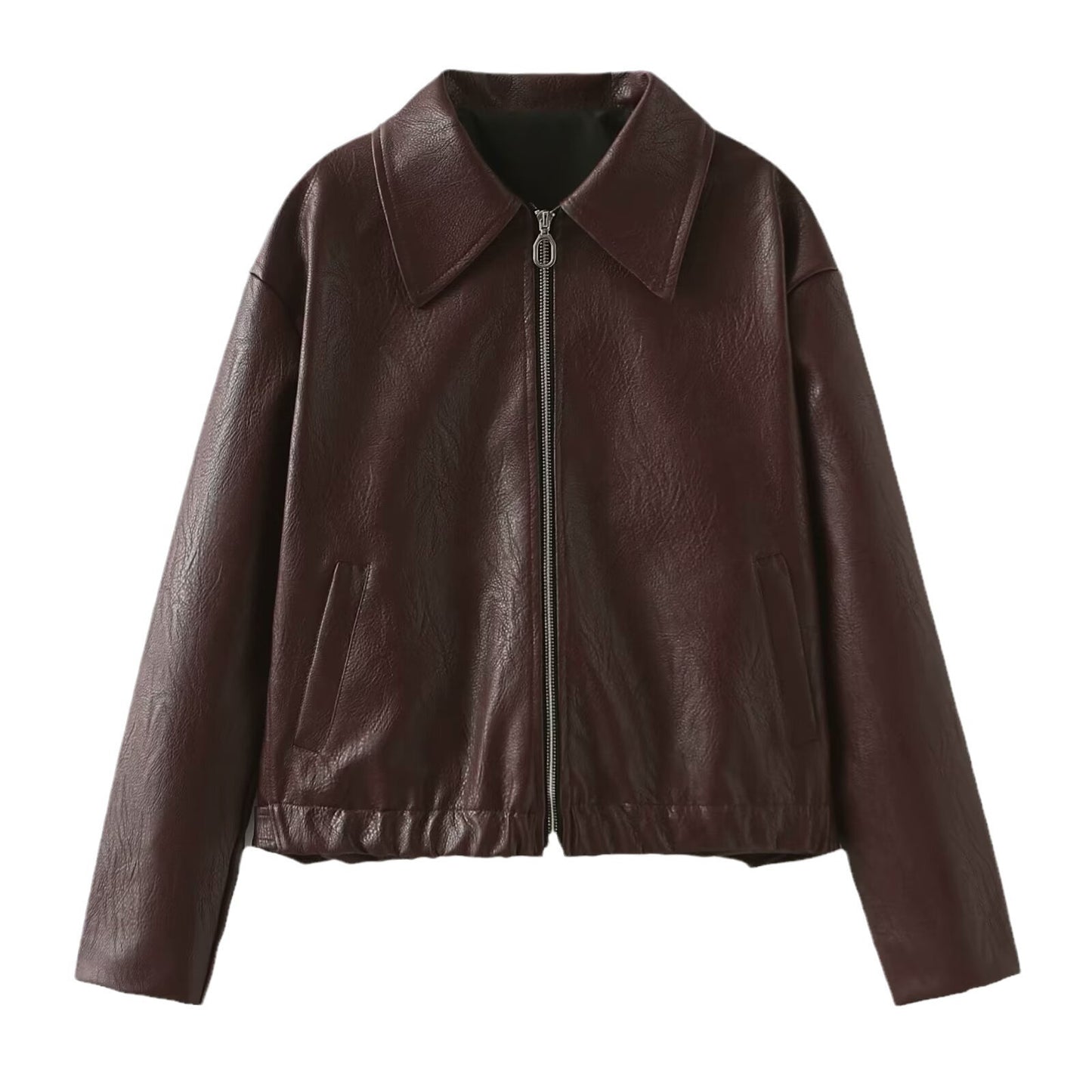 Solid Colour Collar Zip Jacket Women & Long Sleeve Leather Coat Top