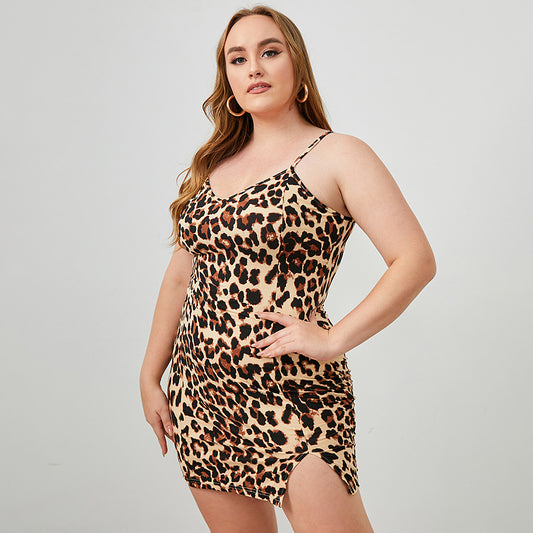 Plus Size Slim Fit Leopard Print Mini Dress with Spaghetti Straps