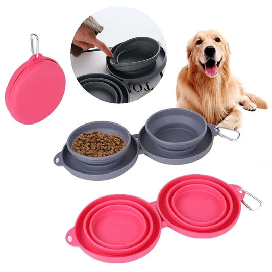 Rubber Foldable Double Bowl - Pet Feeding Bowl for Dogs and Cats