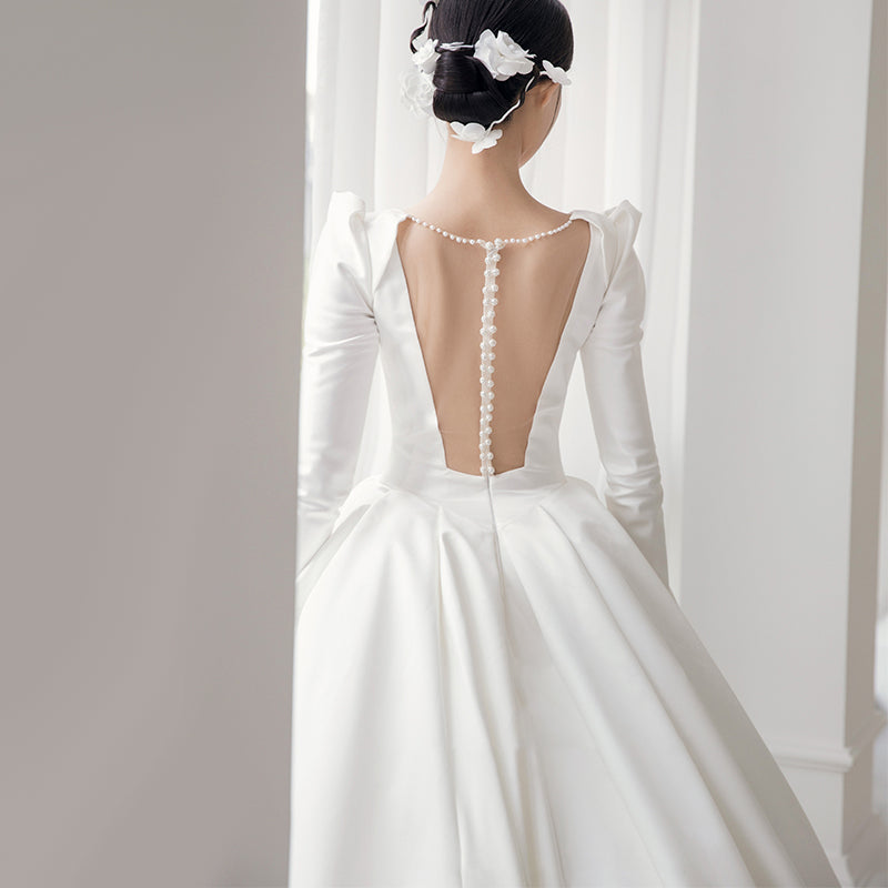 Satin V-neck pearl embellished wedding dress