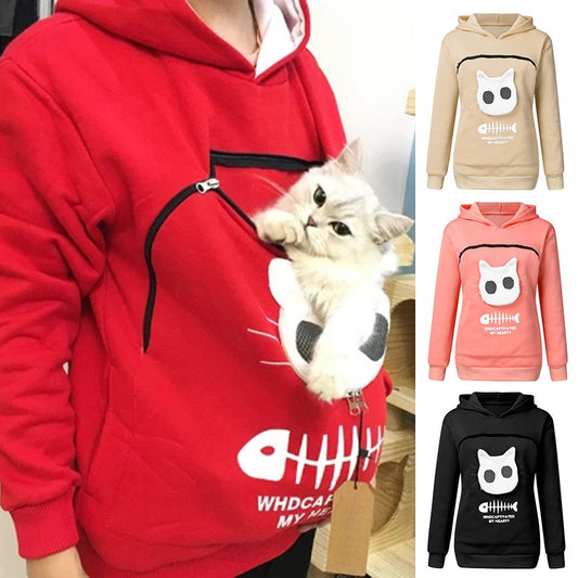 Women's Hoodie Sweatshirt with Cat Pocket Design - Long Sleeve Sweater for Cat Lovers