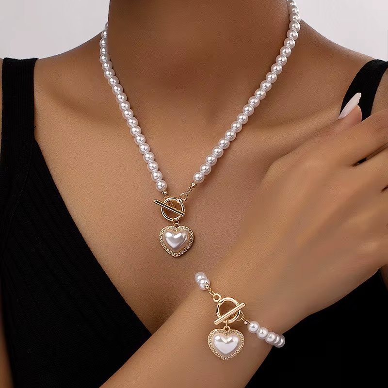 Pearl Heart Necklace and Bracelet Set & Pearl and Heart Set