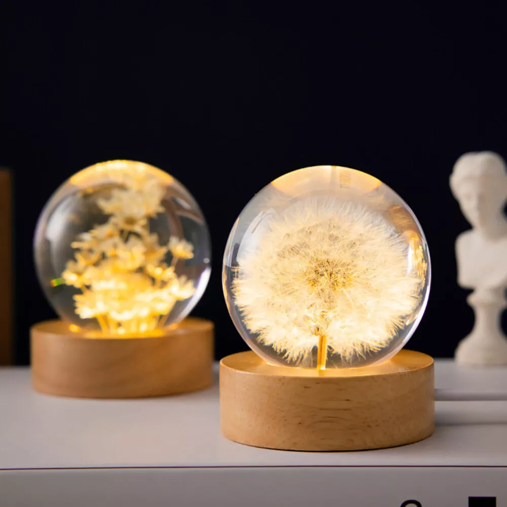 3D Crystal Ball Night Lamp, Wooden Base Dandelion Flower Lamp