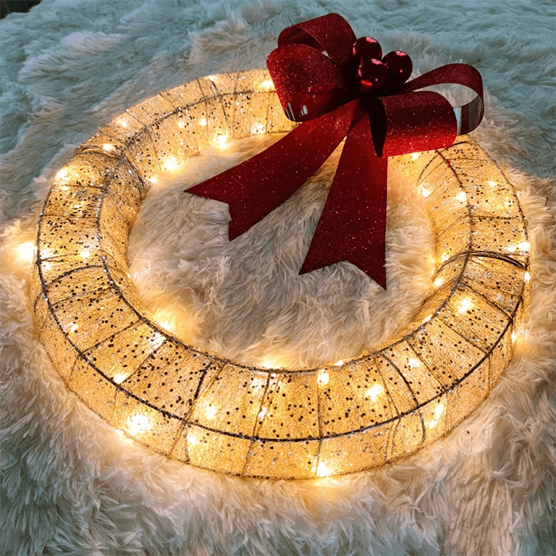 Elegant Gold and Green Christmas Wreath - 20-Inch Holiday Decoration with LED Lights